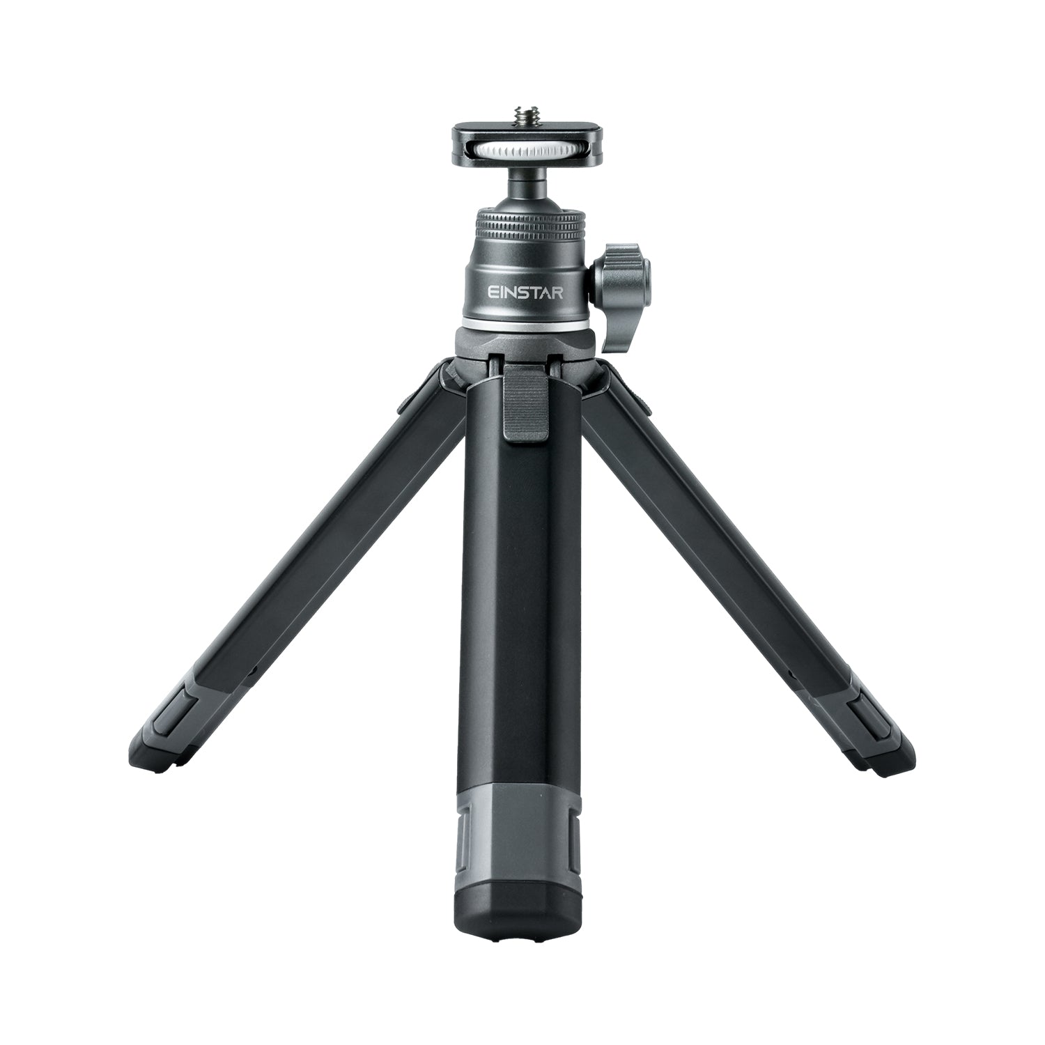 Front view of the EINSTAR metal tripod with gimbal, shown with its legs extended, highlighting its stability and adjustable design.