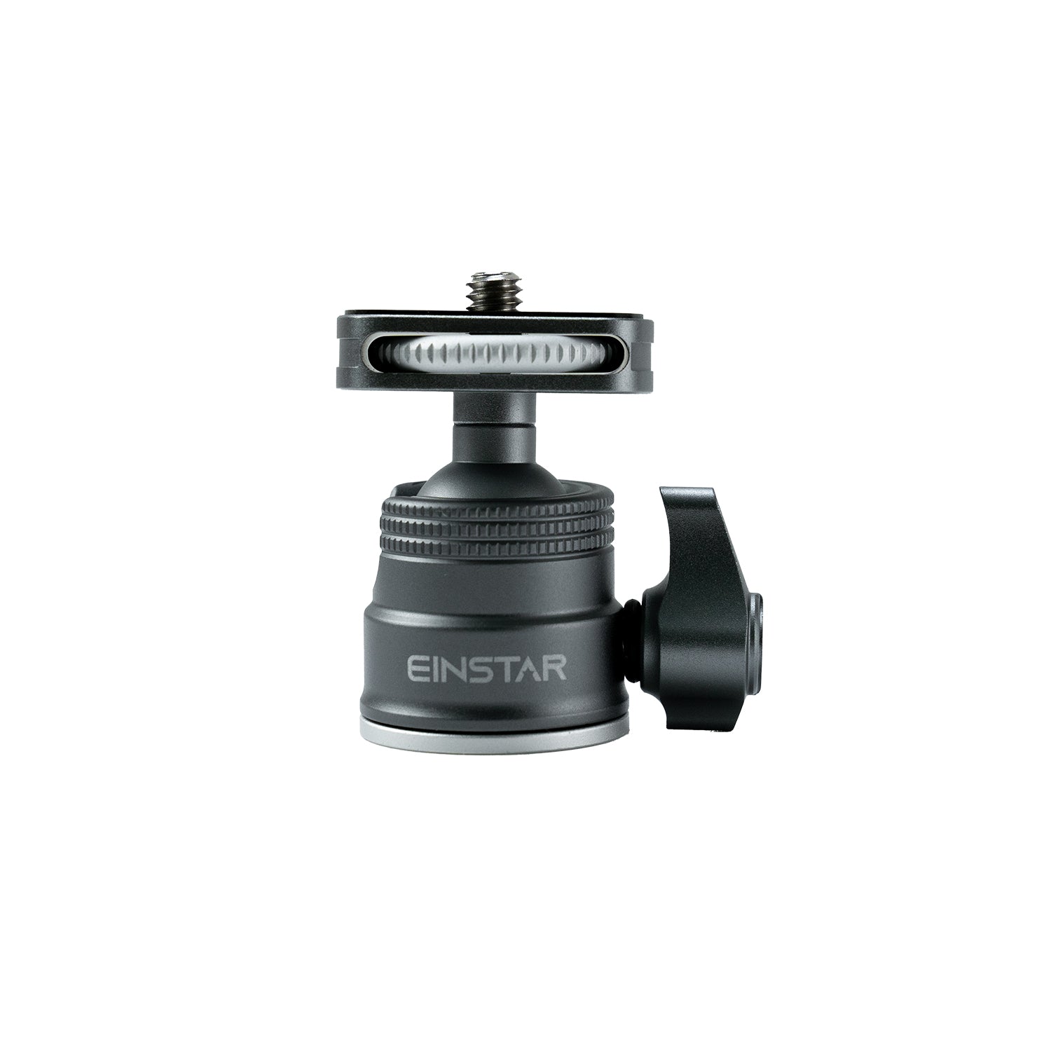 Close-up view of the metal tripod gimbal head from EINSTAR, featuring precision design with adjustable knobs for secure attachment and 360° rotation.