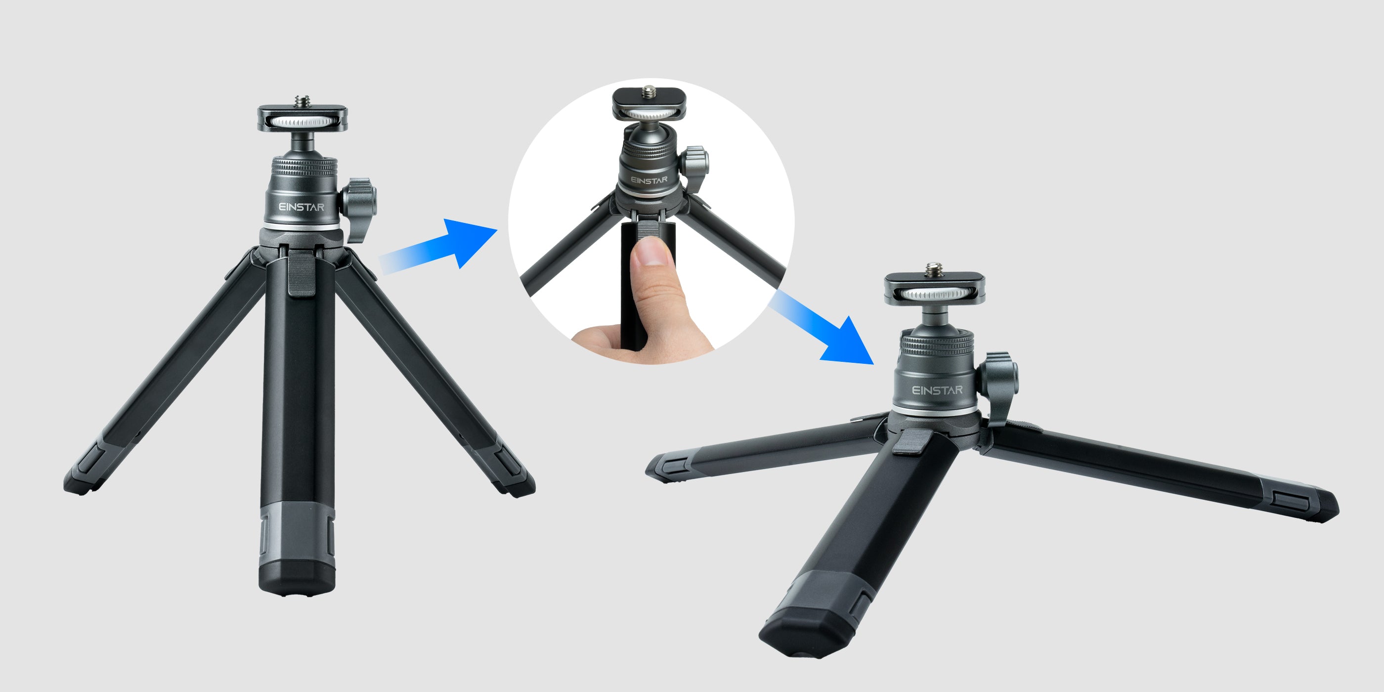 Two configurations of the EINSTAR tripod showing adjustable angle settings for low-ground scanning. A close-up inset highlights the mechanism for adjusting the angles, providing added stability, ideal for larger scanners.