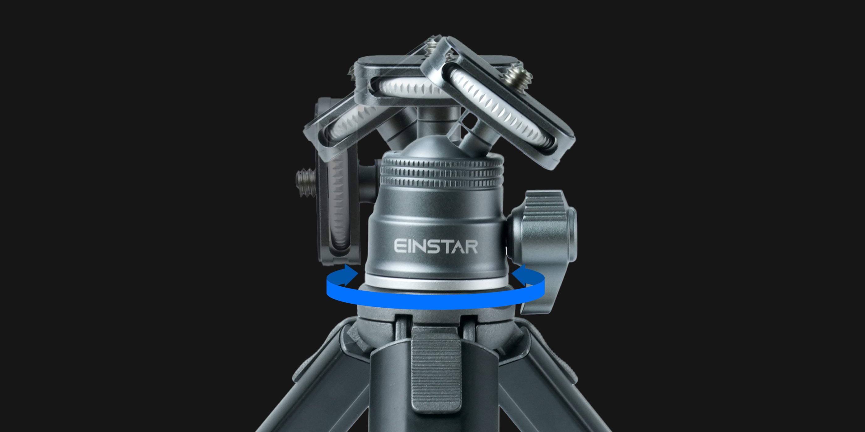 Close-up view of the EINSTAR tripod’s ball head and gimbal mechanism, featuring a quick-adjust knob for full 360° rotation. The minimalist design allows for smooth and easy adjustments.