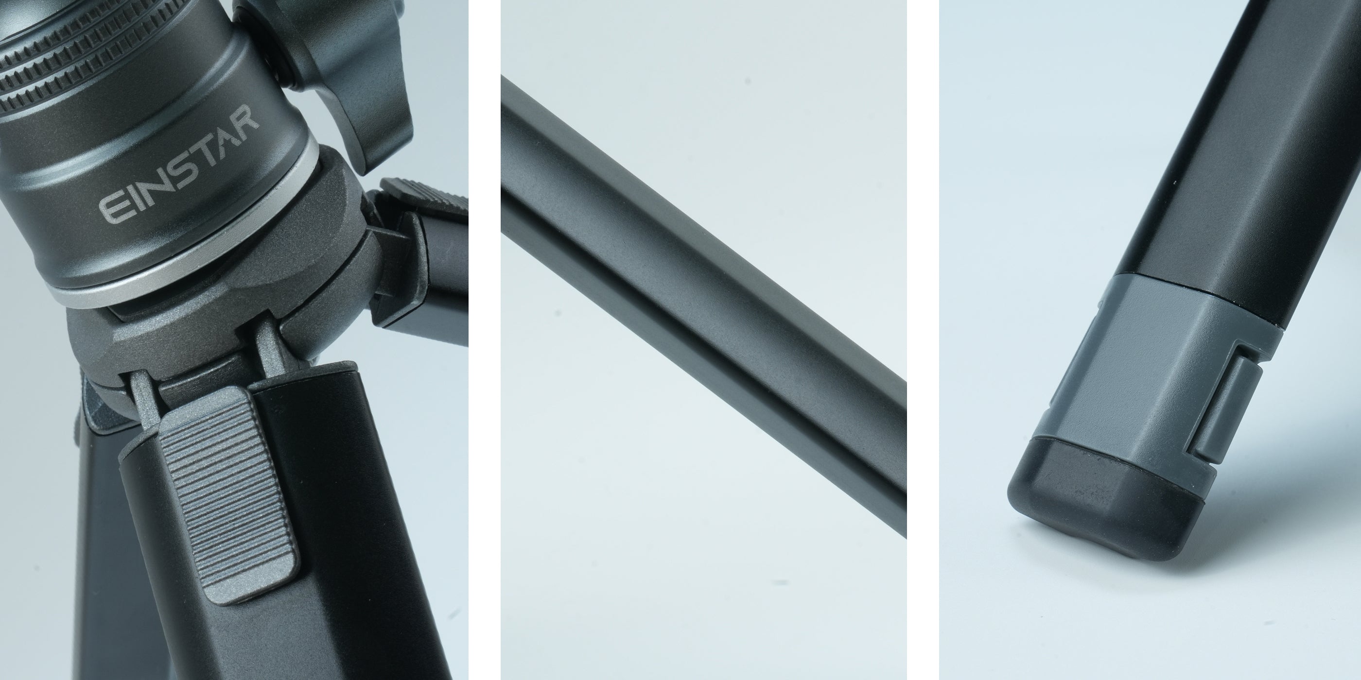 Three close-up views of the EINSTAR tripod, emphasizing its refined craftsmanship with an anodized finish, CNC precision machining, robust aluminum alloy legs, and rubber anti-slip feet for enhanced stability and durability.