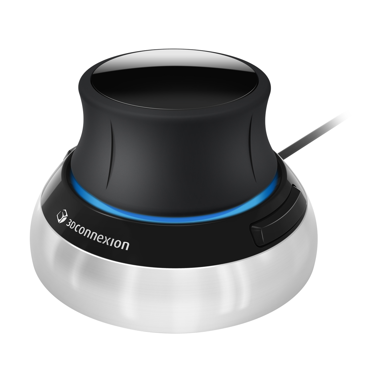 Close-up view of the 3Dconnexion SpaceMouse® Compact, highlighting its sleek design with a black control knob, blue LED light ring, and brushed metal base.