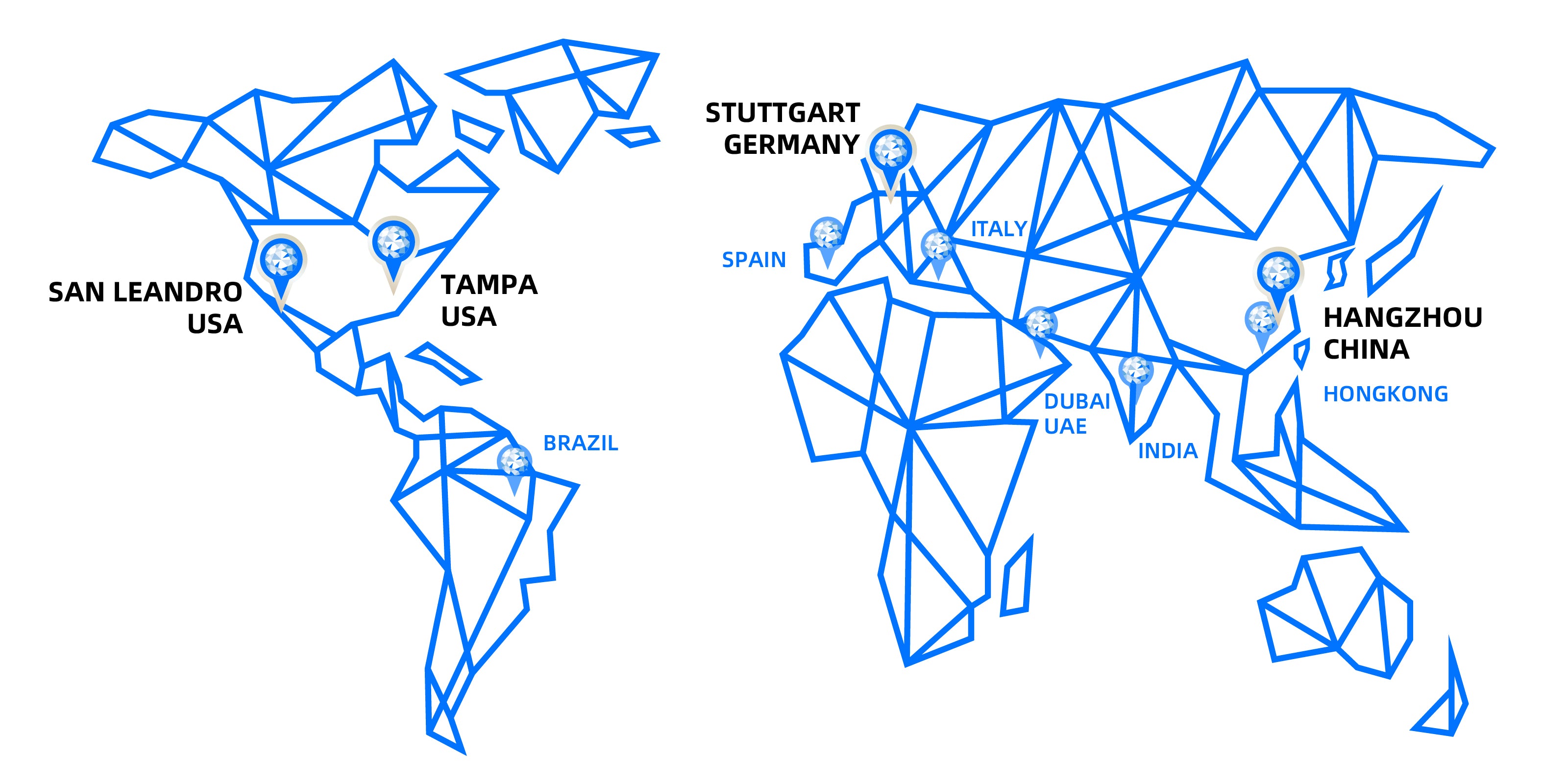 World map highlighting SHINING 3D's global offices in the USA, Spain, Germany, China, Hong Kong, and UAE.