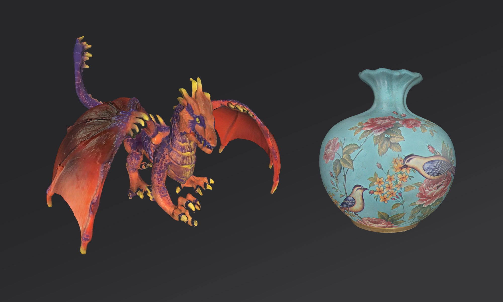 True Scan Restoration: Comparison of dragon model and vase after scanning with EINSTAR 3D scanner.